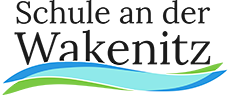Logo - Schule an der Wakenitz - Unter dem Logonamen überlagern sich drei symbolische Wellen in frischen Naturfarben