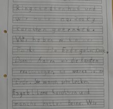 Handgeschriebener Bericht eines Grundschulkindes über einen Klassenausflug zum Ringstedtenhof mit Karottenernte, beschrieben auf liniertes Papier mit Zeichnung unten.