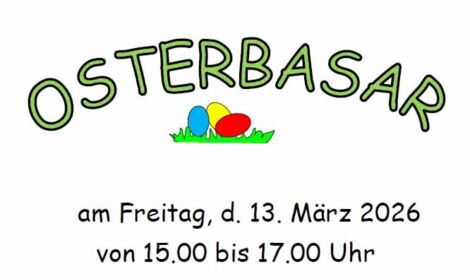Flyer zum Osterbasar 2026 in der Schule mit Fotos zu Bastelideen für Ostern.