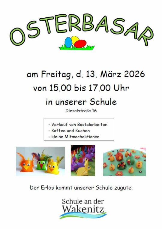 Flyer zum Osterbasar 2026 in der Schule mit Fotos zu Bastelideen für Ostern.