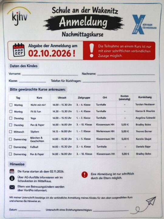Anmeldung Nachmittagskurse