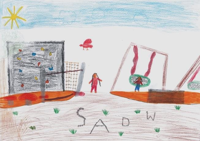 Ein gemaltes Bild von einem Schulkind: Schulhof mit Schaukeln und Kletterwand.